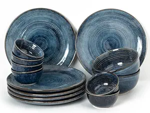 Handcrafted Stoneware Reactive Glaze Ceramic Dinner Set, 14 Pieces Serving for 6, Microwave and Dishwasher Safe