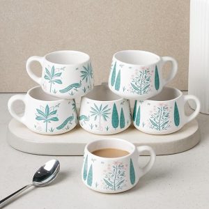 The Earth Store Green Peafowl Ceramic Cup Set of 6 for Tea