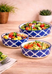 ceramic salad bowl set of 3 with healthy salad fruit and meal serving aesthetic blue design bowls