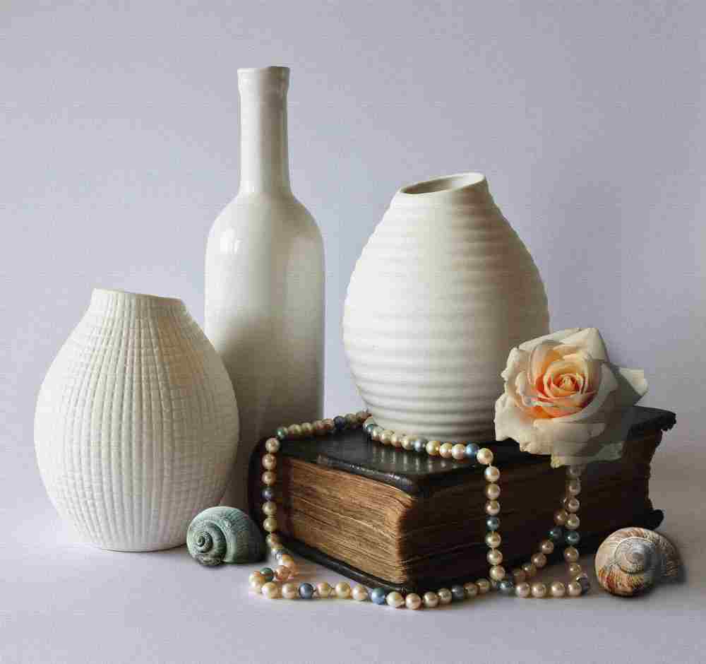 Aesthetic white ceramic vases with flower and pearls modern home decor styling