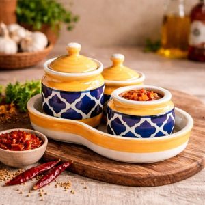 3 piece ceramic pickle jar set with tray and achar inside aesthetic kitchen serveware