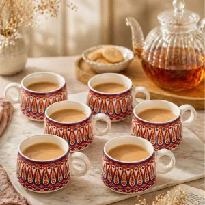 Ceramic tea cups set of 6 with traditional pattern, styled with teapot and snacks