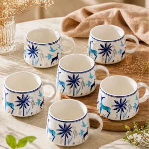 Blue aesthetic ceramic tea cups set of 6 with nature design on table, minimalist coffee cups for modern home decor