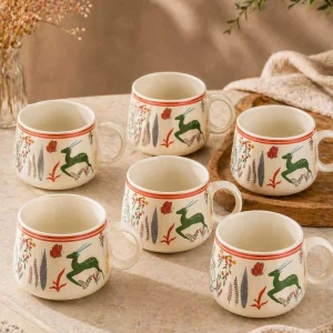 Ceramic tea cups set of 6 with deer folk art design on table, aesthetic chai cups for modern home decor