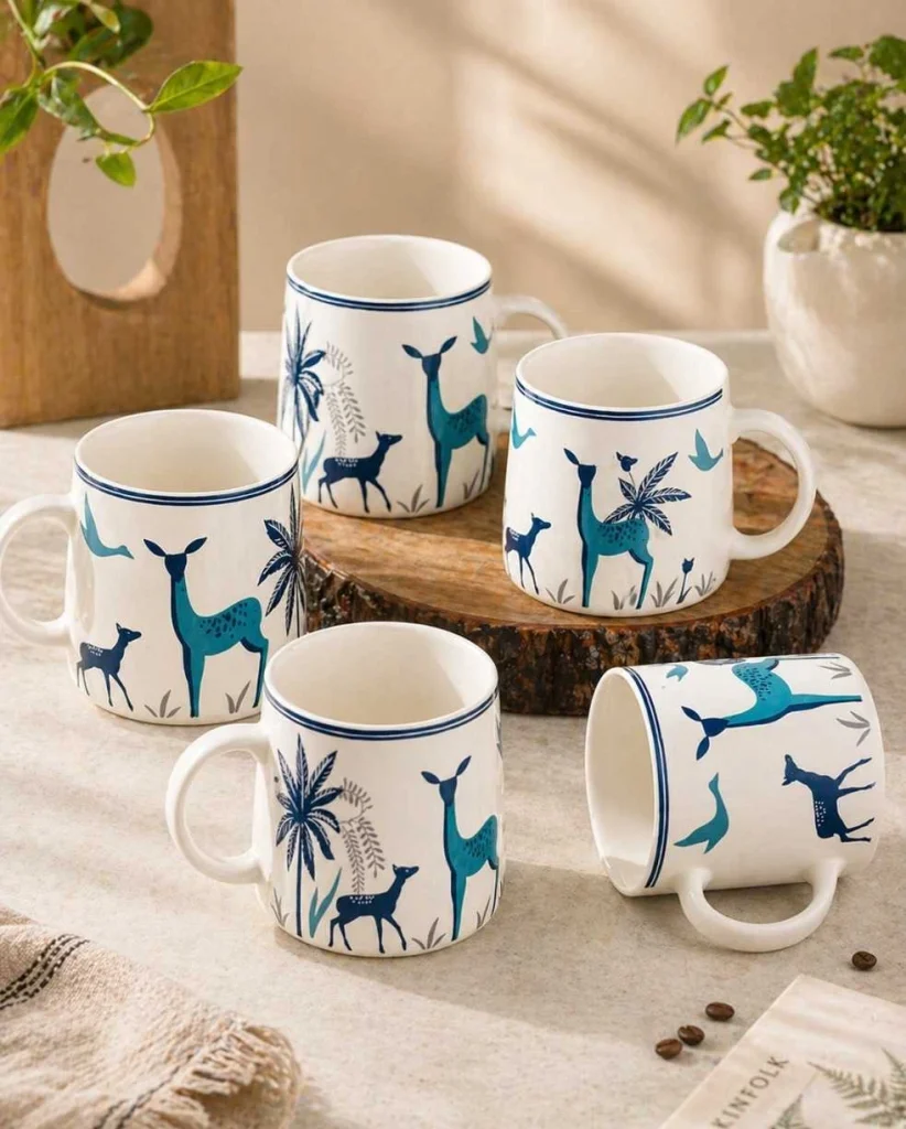 Set of 2 aesthetic ceramic mugs with blue deer print design placed on a wooden base in a cozy minimal setup
