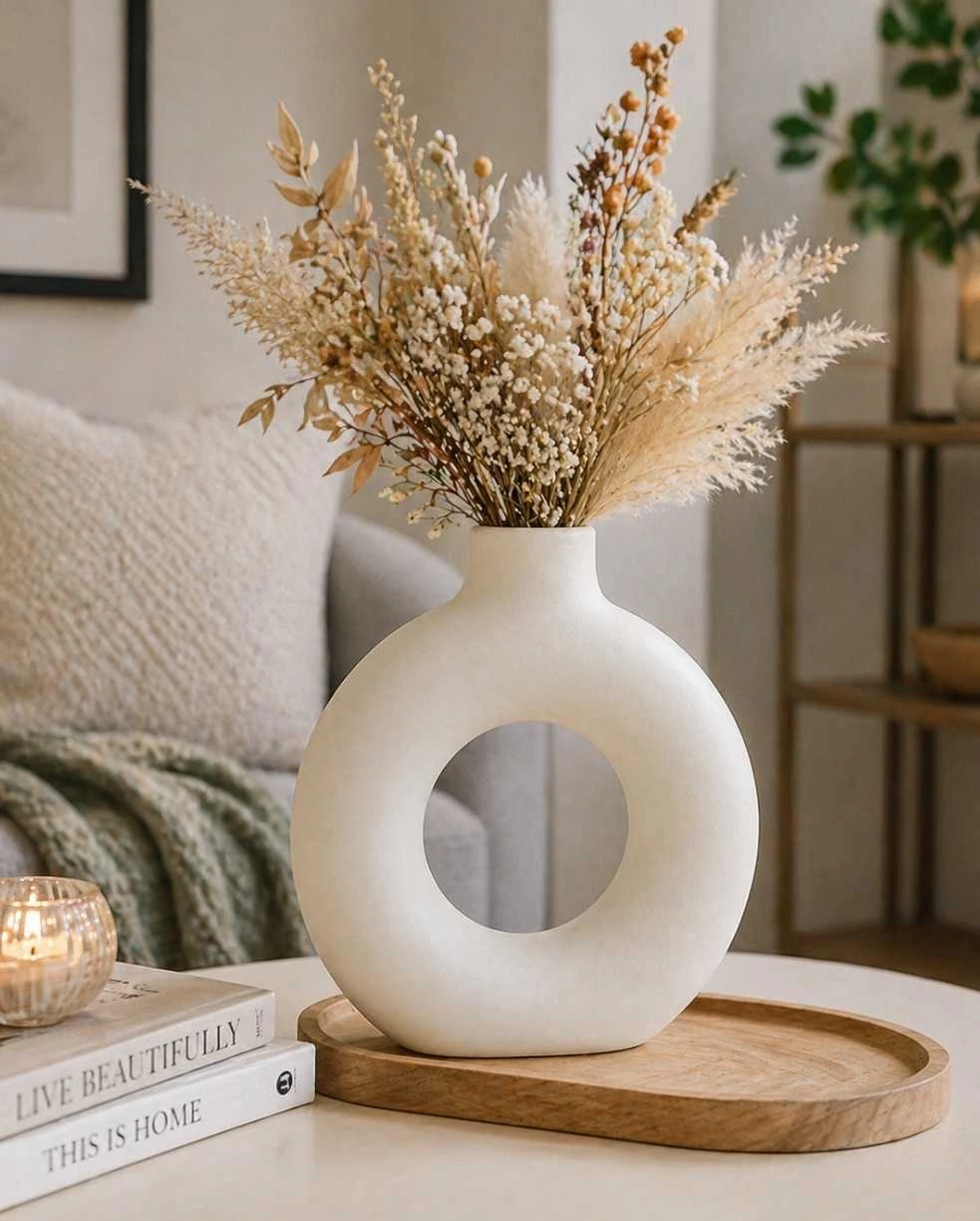 Minimalist donut ceramic vase with dried flowers on wooden table, aesthetic beige home decor for modern living room