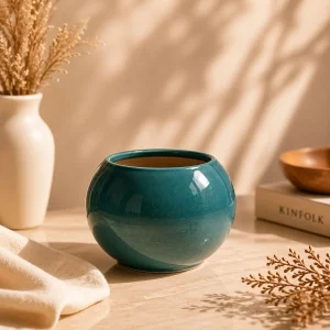 Ocean blue glossy ceramic planter pot on marble table with warm aesthetic home decor styling