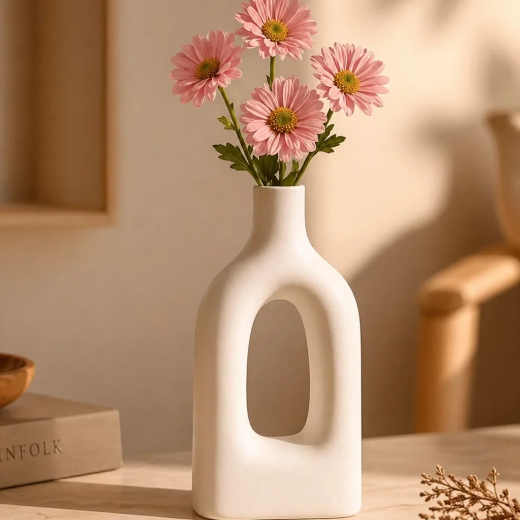 White arch ceramic vase with pink flowers on wooden table minimal aesthetic home decor