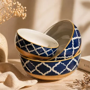 Set of 3 blue ceramic serving bowls with Moroccan pattern on marble table aesthetic kitchenware