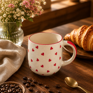 Handcrafted cream ceramic mug with hand-painted red heart pattern placed on a wooden table beside croissants and coffee beans.