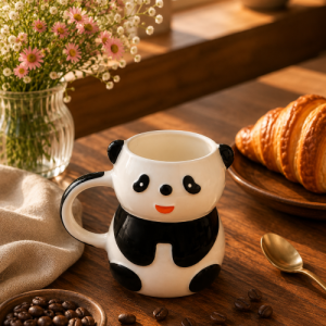 Cute handcrafted panda ceramic mug with a glossy finish placed on a wooden table beside coffee beans, croissants, flowers, and a golden spoon.