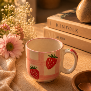 Hand-painted strawberry ceramic coffee mug by Cerami29 with a pink plaid design, styled in a cozy aesthetic setting with fresh flowers and books.