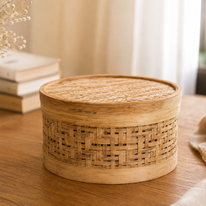 Handwoven natural bamboo storage basket with lid for home organization