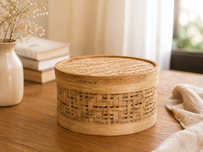 Handwoven natural bamboo storage basket with lid for home organization