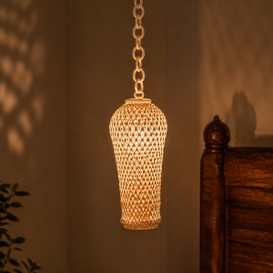 Handwoven bamboo hanging pendant lamp glowing warmly in a cozy room at night