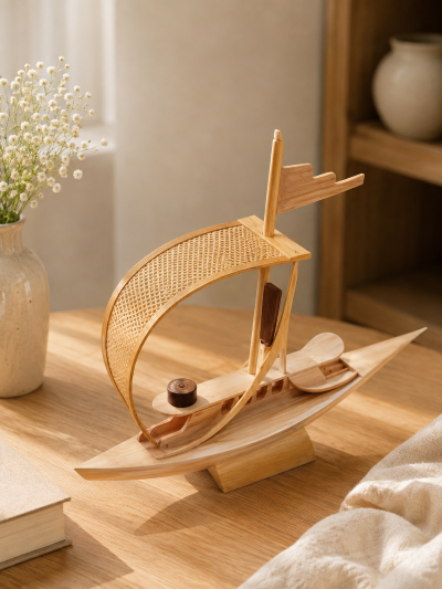 Handcrafted bamboo boat showpiece with woven canopy and wooden detailing on a wooden table