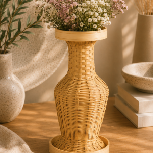 Handwoven rattan flower vase with a sculptural raised collar displayed on a wooden table