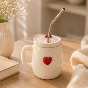 Ivory ceramic mug with red heart design, lid and stainless-steel straw