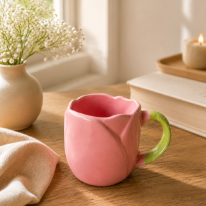 Pink flower-shaped ceramic coffee mug with a green leaf handle displayed on a wooden tabletop in a warm Scandinavian-style home setting with soft natural sunlight and minimal décor.