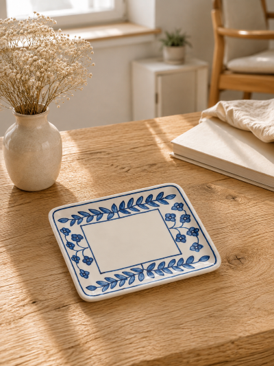 Handcrafted rectangular ceramic serving tray with a blue floral hand-painted design, displayed with Kalo Jamun sweets on a wooden table in a Scandinavian-style home setting.