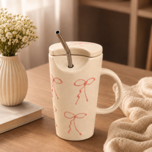 Cream ceramic tumbler with pink bow design, lid and metal straw