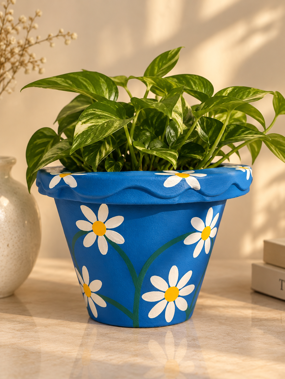 Blue daisy ceramic planter